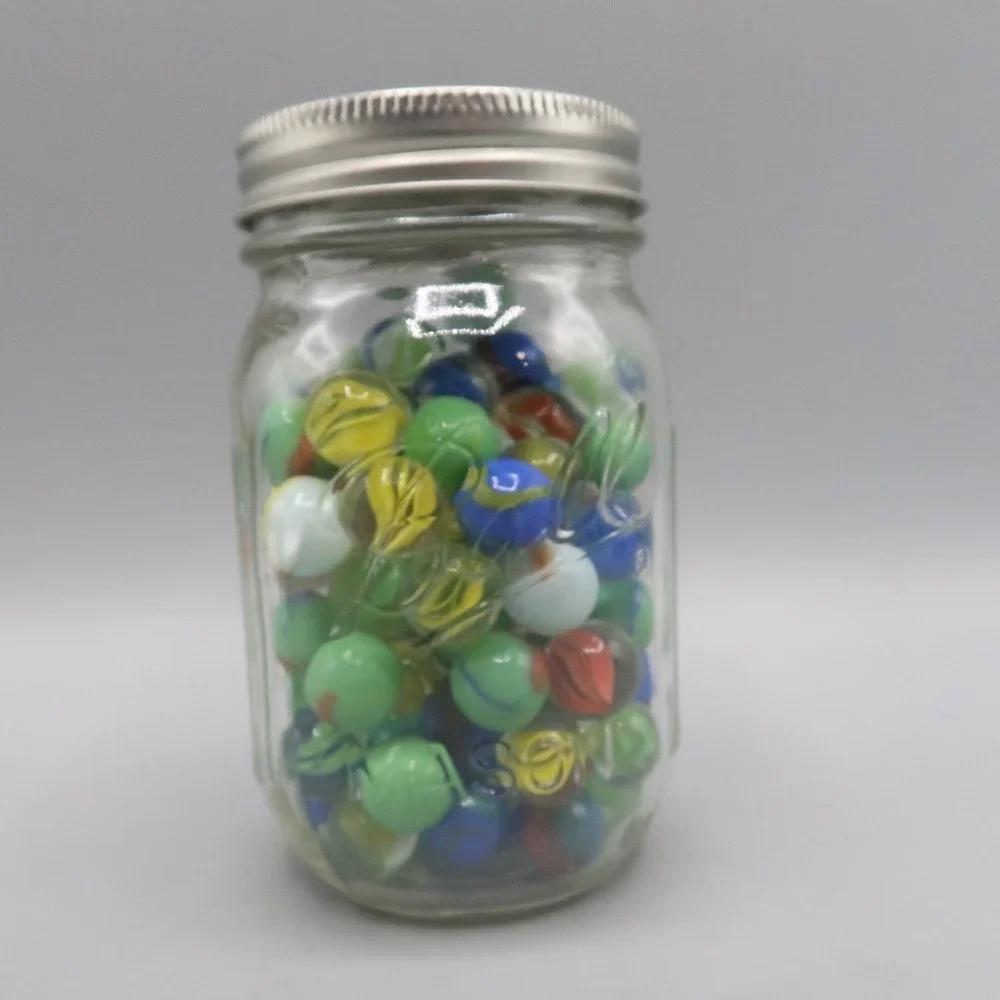 Jar Lot of Vintage Glass Marbles Large and Small Cats Eye Swirl Ribbon